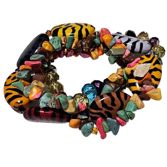 Safari Animal Print Stones Multicolor Gemstones Chunky Beaded Stretch Bracelet - Picture 1 of 6